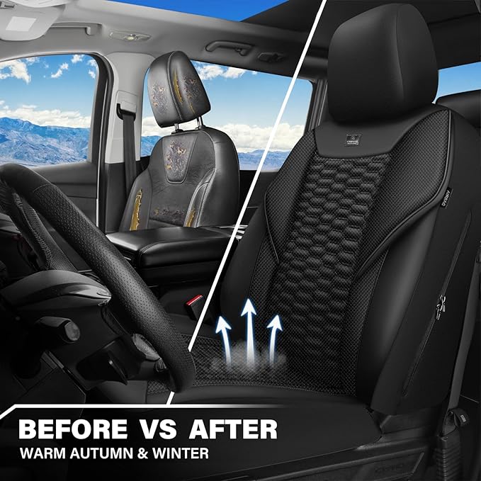 CAR PASS 3D Foam Mesh Leather Car Seat Covers Front Seats, Leather Mesh Front Seat Covers for Car,Breathable Universal Fit for SUV Truck Sedan Van Automotive, Armrest Airbag Compatible,Black
