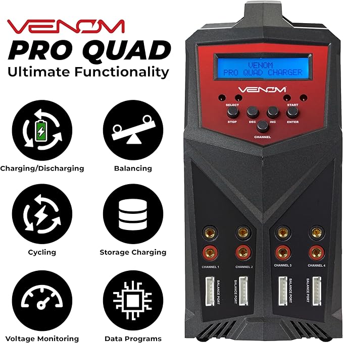 Venom Power - Pro Quad LiPo Battery Fast Charger with LCD Screen - 4 Ports at 100W Each - AC DC 7A Fast NiMH LiHV LiPo Balance Charger Discharger 1S to 6S, Drone, RC Car Battery Charger