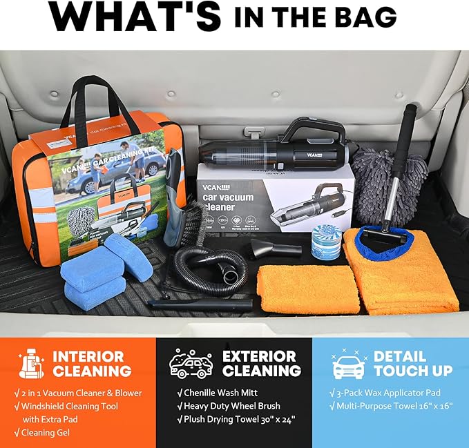 Car Cleaning kit, Car Interior Detailing kit with 10000pa Car Vacuum Cleaner, Wheel Brush, Windshield Cleaner Tool, Microfiber Towel, Wash Mitt, Interior and Exterior Car Wash kit with Bag