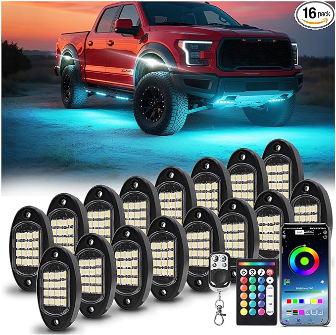 16 Pods RGBW LED Rock Lights for Trucks Offroad Pickup Trailer Sedan SUV Cars, Waterproof Multicolor Neon Underglow Kit with Bluetooth APP/RF Remote, Vehicle Accent Underbody Light Underneath 12V