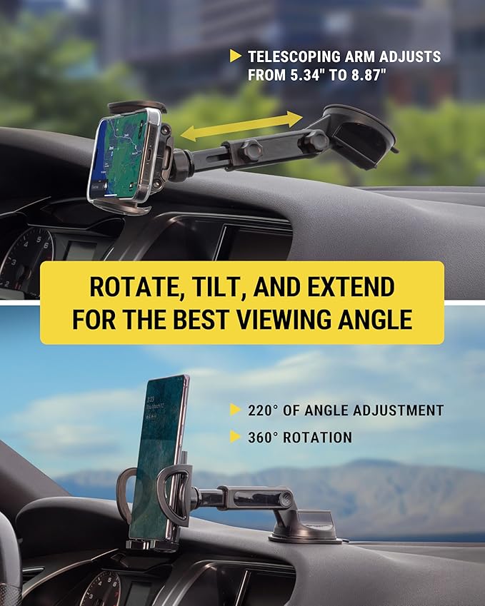 Scosche Phone Mount for Car, Universal Hands Free Windshield/Dashboard, Suction Cup Cell Phone Holder with 360° Rotation, Includes Screen Cleaner, Stand Compatible with iPhone and Android