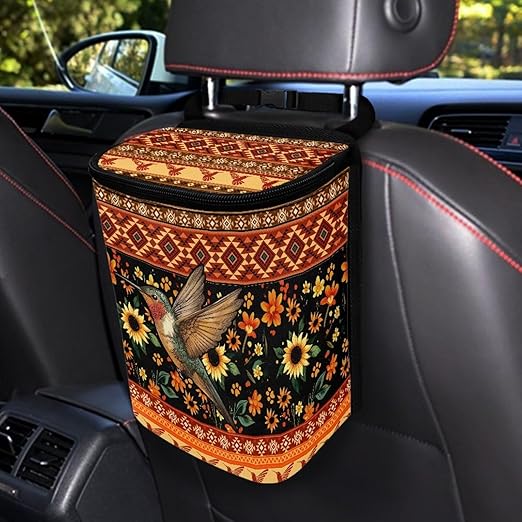 BIGCARJOB Tribal Hummingbird Car Trash Bags for Back Seat Auto Hanging Trash Can with Lid Car Trash Bag Storage Organizer Universal Car Trash Interior Accessories
