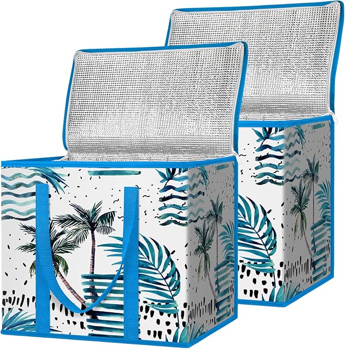 BALEINE 2Pk Insulated Reusable Grocery Bags, Collapsible Cooler Bag for Groceries, Heavy Duty Large Insulated Bag (16''x9''x13'', Island Breeze)