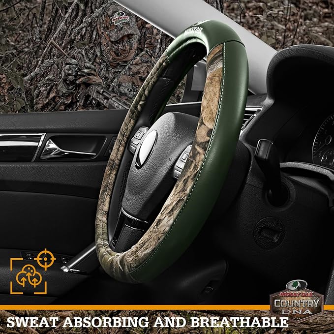 Mossy Oak Camo Steering Wheel Cover, Durable Grip Car Steering Cover, Universal Fit 14.5"–15.5" - Made with Premium Green PVC Leather and Cotton Fabric, Anti-Slip - Official Licensed Product
