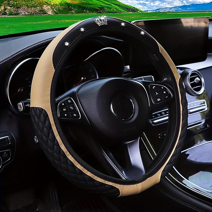 Bling Car Steering Wheel Cover, Diamond Leather Crystal Rhinestones Vehicles Steering Wheel Protector, Sparkling Anti-Slip Automotive Interior Decoration Accessories, Universal Fit (Beige)