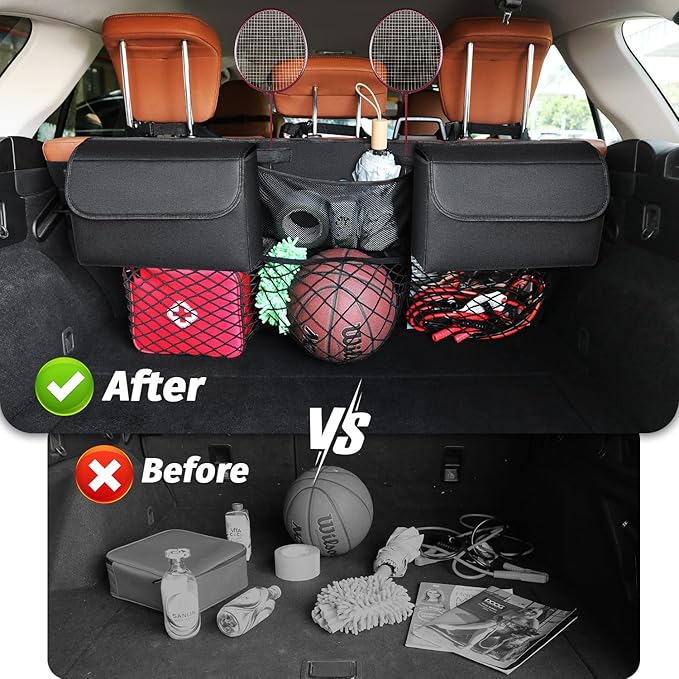 Deluxe Trunk Organizer for Medium or large size SUVs & RVs, Backseat Hanging Trunk Organizer, Waterproof Collapsible Car Storage Bag with 6 Pockets, Reinforced No-Sag Design