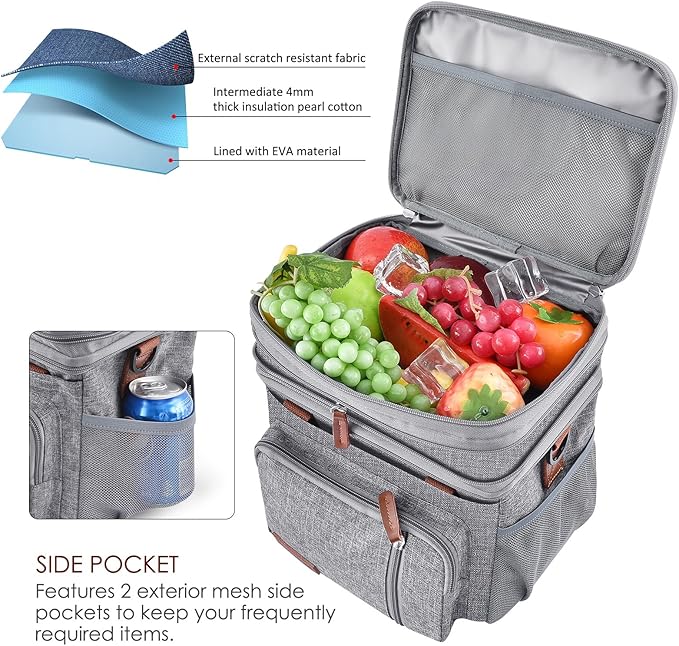 MIYCOO Lunch Bag & Lunch Box for Women Men, Double Deck Leakproof Insulated Soft Large Adult Camping Cooler bag for Work, Beach, Picnic, Travel (Grey, 15L)