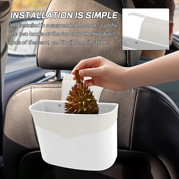 Car Trash Can for Seat Headrest, Mini Automotive Front Back Seat Garbage Can, Leakproof Vehicle Hanging Trash Cans, Multi-Purpose Auto Garbage Bin & Storage Organizer, Car Accessories (White)