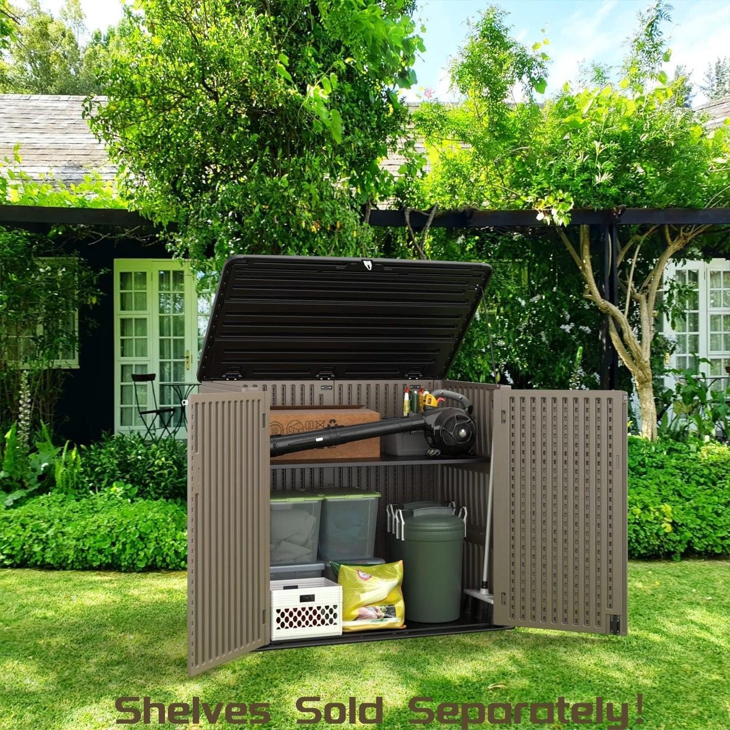 ADDOK 26 Cu.ft Outdoor Storage Shed Multi-Function, Lockable Horizontal Storage Unit Weather Resistance, Thick HDPE Resin Storage Cabinet for Backyards, Patio, Garden(Brown)