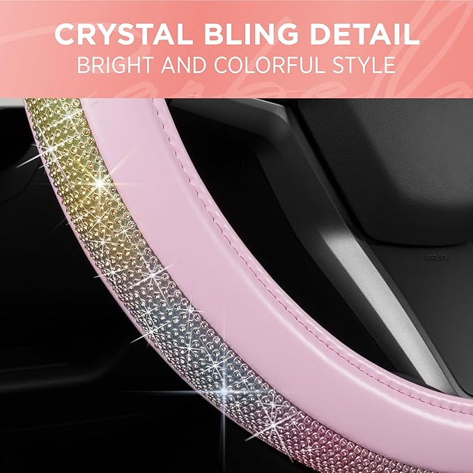Carbella Pink Diamond Bling Steering Wheel Cover,Standard 15 Inch Size Fits Most Vehicles, Cute Faux Leather Car Steering Cover with Rhinestone Crystal, Car Accessories for Women