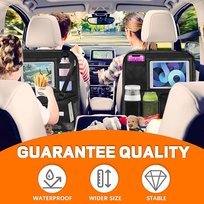 Backseat Car Organizer with Table Tray,12 Pockets Storage Organizer with Tablet Holder,Car Seat Organizer with Car Tissue Holder,Kick Mats Protector For Kids,Travel Accessories(2-Pack)