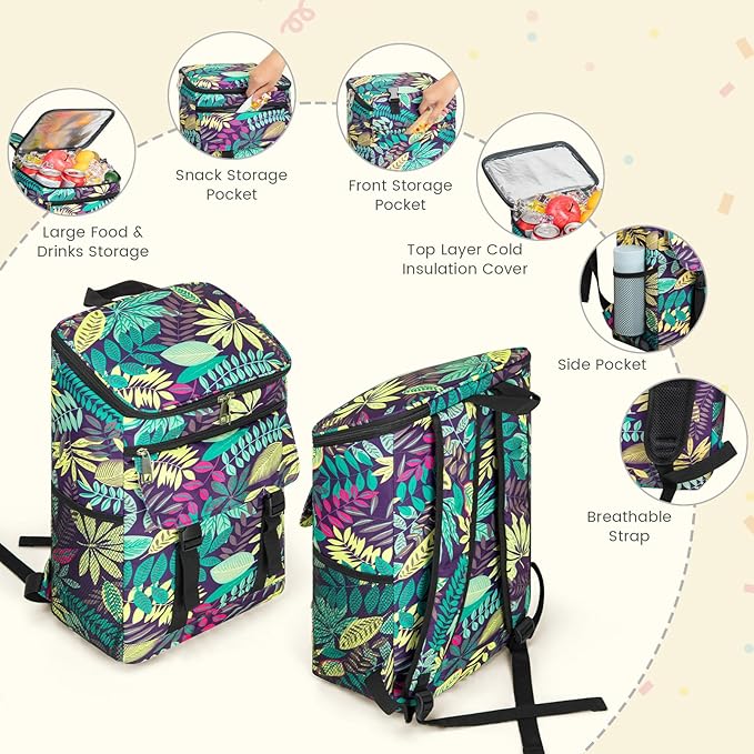 Cooler Backpack Soft Insulated Leak Proof 30 Cans Insulated Backpack Cooler Portable Picnic Camping Beach Hiking BBQ Lunch Backpack for Men and Women -Leaf Flowers