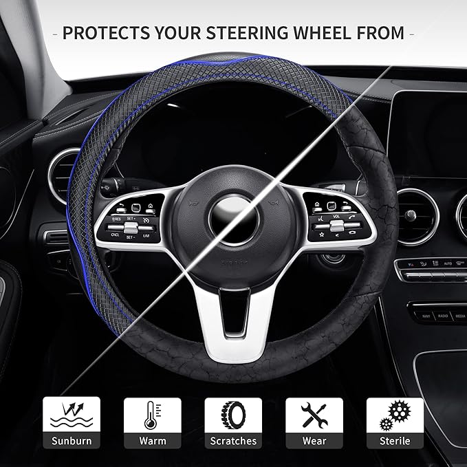 GXT Steering Wheel Cover, PU Leather, Universal 15 Inches, Non-Slip, Odourless Car Interior (Black Blue)
