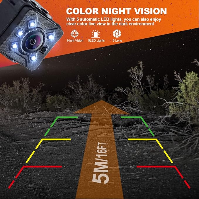 180° Wide Angle Reverse Camera with Night Vision, IP69K Waterproof Rear View Camera with 5 LED Lights, CVBS/AHD Signal, Parking Guidelines, Front/Rear Mount, 26ft Cable – Universal for Car Truck RV
