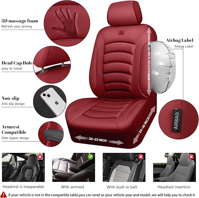 CAR PASS 3D Foam PU Leather Car Seat Covers, Universal Seat Covers Full Sets for Trucks SUV Sedan Automotive Seat Covers Armrest Airbag Compatible Waterproof Comfortable Faux Nappa Leather Burgundy