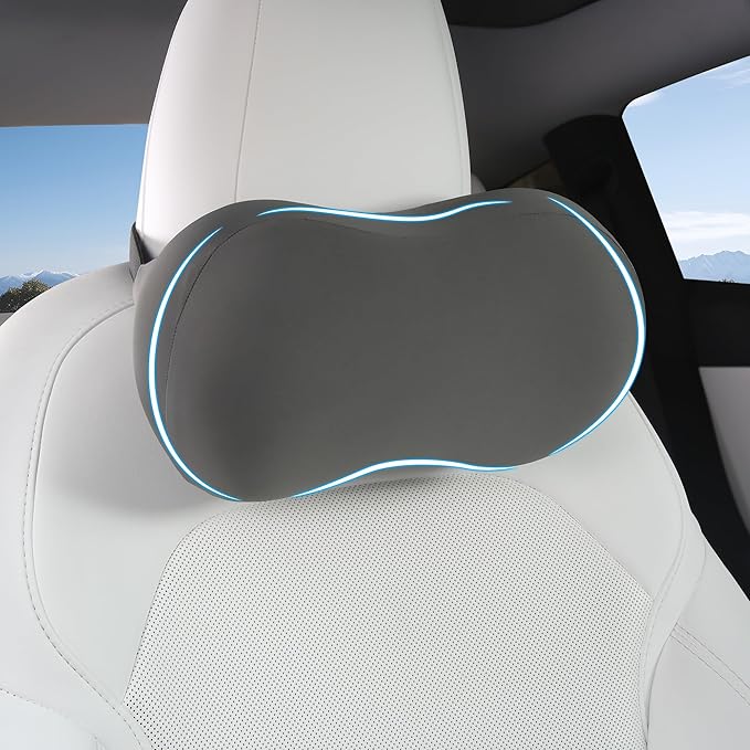 Car Headrest Pillow for Neck Support, Memory Foam Car Neck Pillow with Adjustable Strap, Ergonomic Neck Support Relieves Driving Fatigue (Grey)