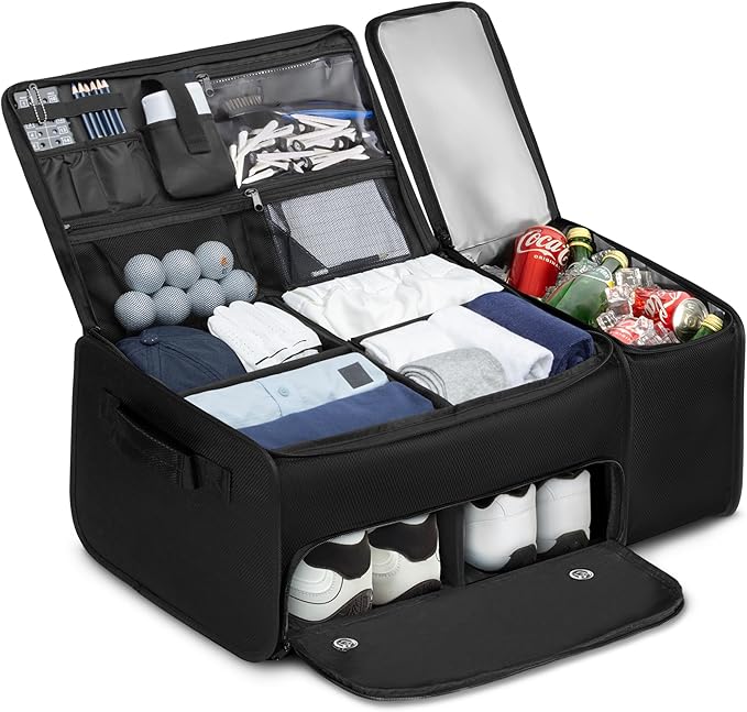 Marscamd Golf Organizer for Car Trunk with Cooler, Anti-Sag Design, Ventilated Shoe Compartment, 2-Layer Storage Bag for Golf Accessories, Fits SUVs & Sedans - Black