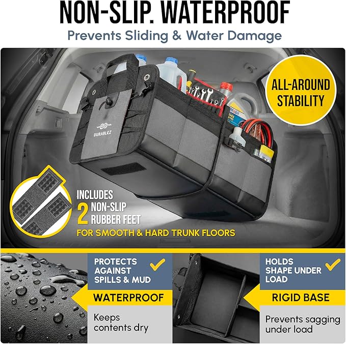 3-Section Modular Trunk Organizer XL – Car Storage for Groceries, Cleaning Supplies, Tools, Sports Gear – Foldable L-Shape Cargo Bin – Gray