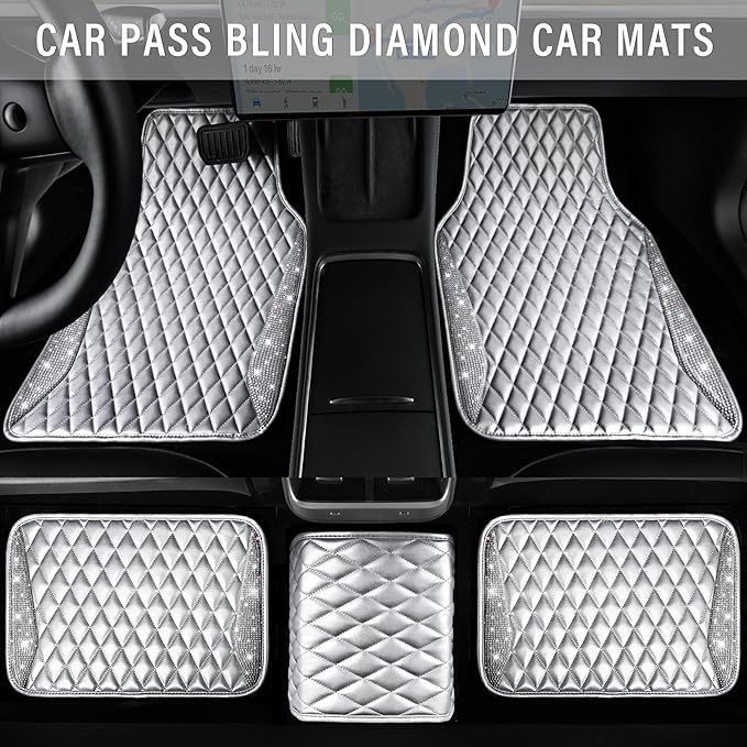 CAR PASS Bling Leather Car Mats Shining Diamond Floor Mats Crystal Rhinestone Sparkly Glitter Carpet Anti-Slip Waterproof Pad Universal Fit for Automotive SUV, Sedan, Van, 5pcs Girl Women Pure Silver