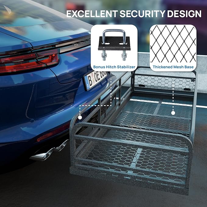 TUFFIOM 60"x24"x14" Folding Hitch Mount Cargo Carrier Basket, Upgraded 14" Height 500lbs Steel Car Cargo Trailer Hitch Luggage Rack with Straps & Stabilizer for SUV Car Truck Van