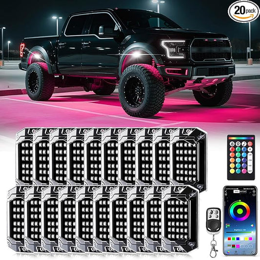 20 Pods RGB LED Rock Lights for Trucks Offroad Pickup Trailer Sedan SUV Cars, Waterproof Multicolor Neon Underglow Kit with Bluetooth APP/RF Remote, Vehicle Accent Underbody Light Underneath 12V