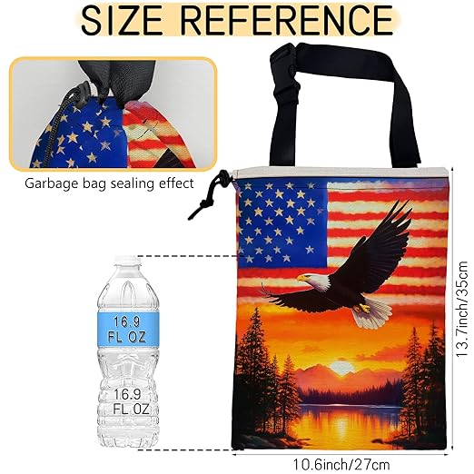 Bald Eagle on American Flag Car Trash Bag,Sunset Mountain Forest Hanging Drawstring Car Garbage Bag,Canvas Car Back Seat Organizer with Adjustable Buckle for Men and Women