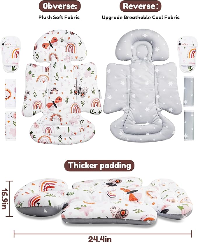 Infant Insert, Enlarged Head Support for Baby, Reversible Newborn Insert with 3 Strap Covers, 2-in-1 Baby Cushion for Stroller, Swing, Bouncer, Rocker - Brown Rainbow
