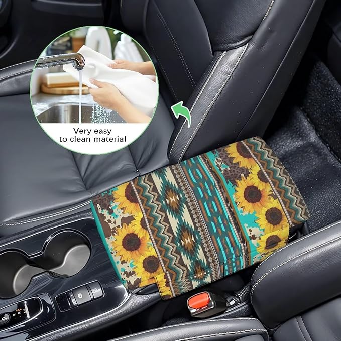 Wanyint Aztec Sunflower Blue Auto Center Console Cover Soft Armrest Box Pad Protector Middle Console Cover with Pockets Storage Bag Hand Rest Pillow Car Interior Decor Accessories