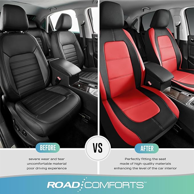 Road Comforts Car Seat Cover, Leather Car Seat Covers, Front Low Back Sport Seat Covers, Airbag Compatible, Universal Fits for Most Cars (Red)