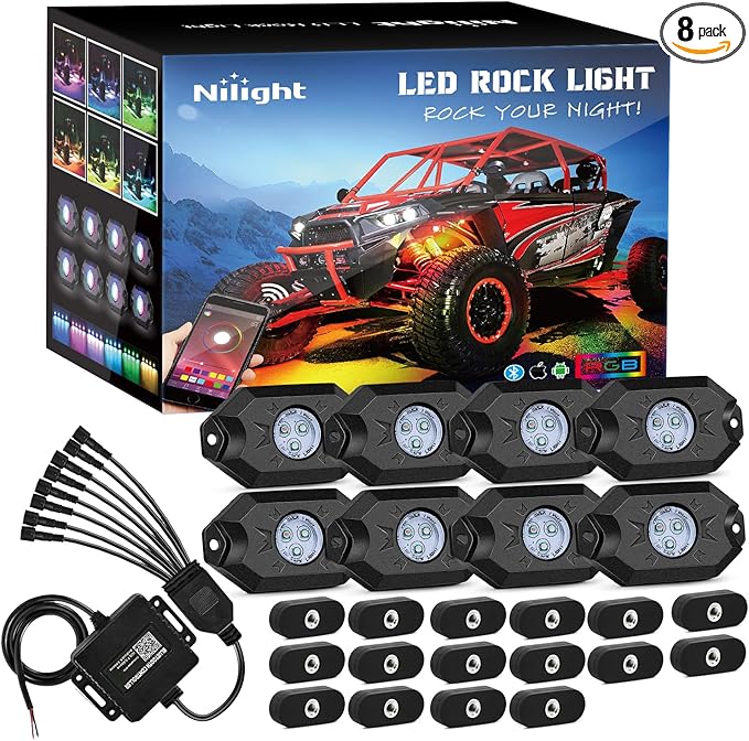 Nilight RGB LED Rock Lights Kit 8 PCS Underglow Multicolor Neon Light Pod with Magnetic Base Bluetooth App Control Flashing Music Mode IP68 Wheel Well Light for Truck ATV UTV RZR SUV
