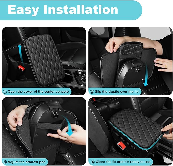 Center Console Cover Fit for Kia Forte 2010-2024 with 2 Storage Bags Waterproof Leather Quilted Pattern Car Armrest Cover Cushion Anti - Slip(Black)