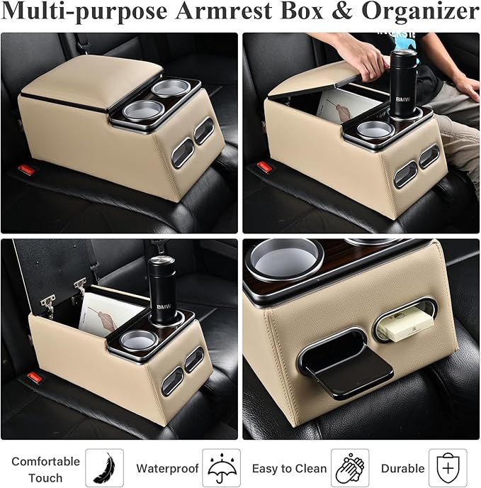 Coverado Car Center Console, Universal Rear Bench Seat Consoles, Truck Seat Organizer and Storage, Back Seat Car Organizer with Cup Holder, Large Storage Box, Central Armrest Box (Regular, Beige)
