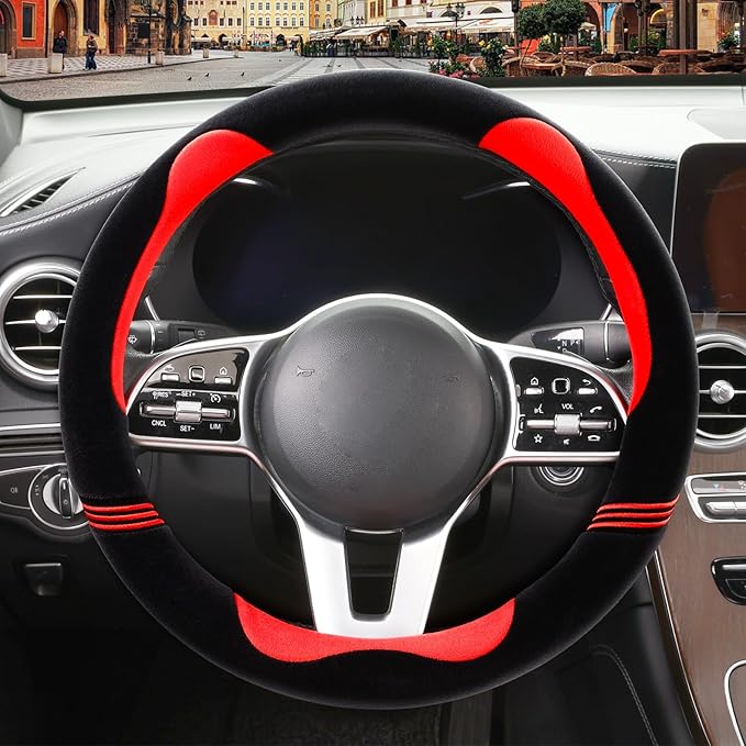 Furry Cute Steering Wheel Cover, Soft Fluffy Short Plush Auto Accessories, Non-Slip Cold-Proof Sweat-Proof Colorfast, Universal 15 inch(Black with Red)