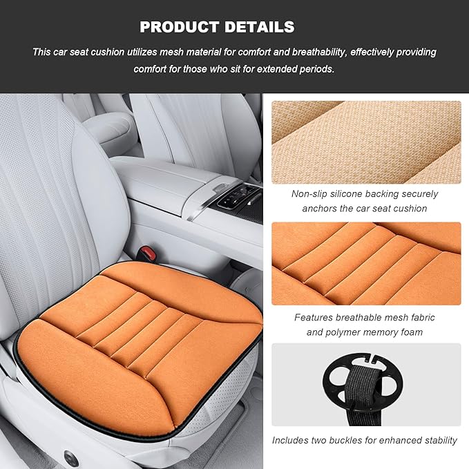 Car Seat Cushion, Breathable Driver Seat Protector with 1.2" Thick Comfortable Memory Foam, Universal Non-Slip Chair Pillow Pressure Relief Cushion Pad for Car Home Office (Orange)