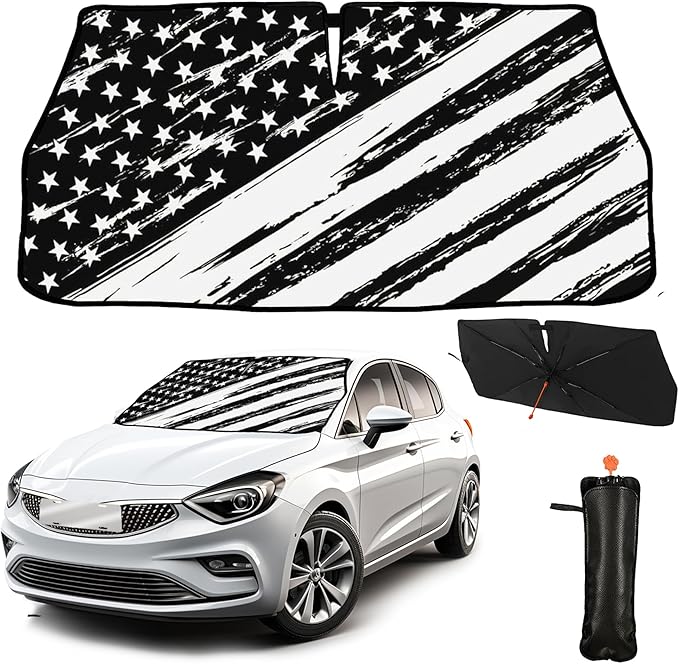 CHILL·TEK Funny Car Windshield Sun Shade Umbrella, American Flag Car Sun Shade Umbrella, Block UV Rays Heat Foldable Windshield Umbrella Sun Visor Protector - Keep Vehicle Cool for Cars SUV