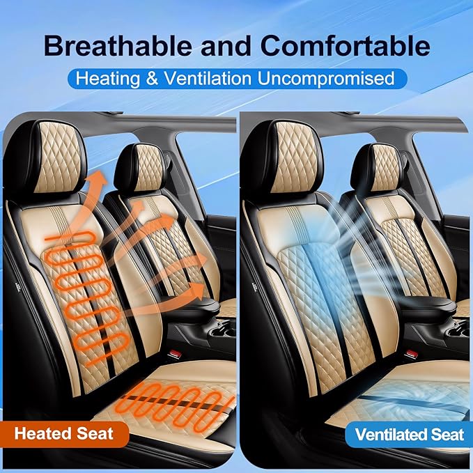 Fit Malibu Car Seat Covers for Chevrolet/Chevy Malibu 2009-2025, Full Coverage Leather, Airbag Compatible, Waterproof All Weather Breathable Seat Cushion Protector, Front Pair Black+Beige