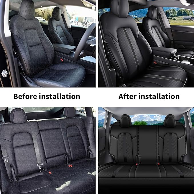 AOMSAZTO Car Seat Cover Fit for Tesla Model Y 2020 2024 - Half Surrounded Customized Seat Covers(Black with Stripe)