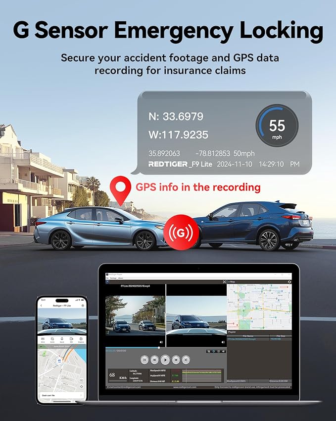 REDTIGER 4K Dash Cam Front, ADAS, Built-in WiFi GPS, Mini Hidden Dash Camera for Cars with G Sensor, 24H Parking Monitor, Free 32GB Memory Card, APP Control, Loop Recording, Night Vision (F9 Lite)