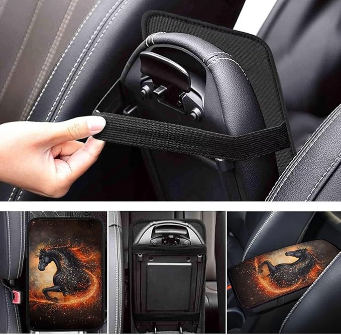 Black Horse Car Center Console Armrest Pad for Men Breathable Car Center Console Cover Seat Box Cover for Sedan, Van, SUV, Truck, Horse Cars Accessories, Black