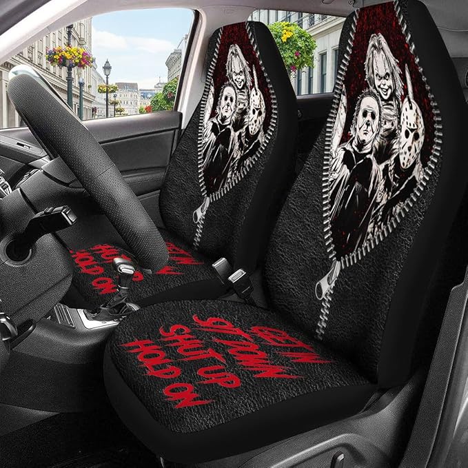 GENANY Horror Movie Car Seat Covers Set of 2, Scary Breathable Front Seat Covers for Truck Sedan SUV, Halloween Car Accessories, Horror Gift for Women Men