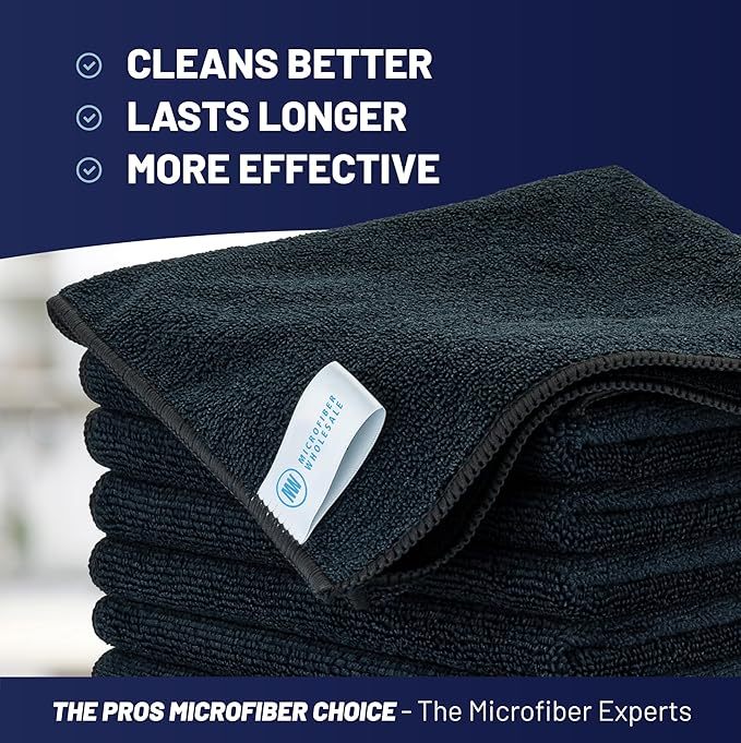 Microfiber Wholesale Cleaning Cloths (48 Pack) | Size 12" x 12"| All Purpose Microfiber Towels - Clean, Dust, Polish, Scrub, Absorbent (Black)
