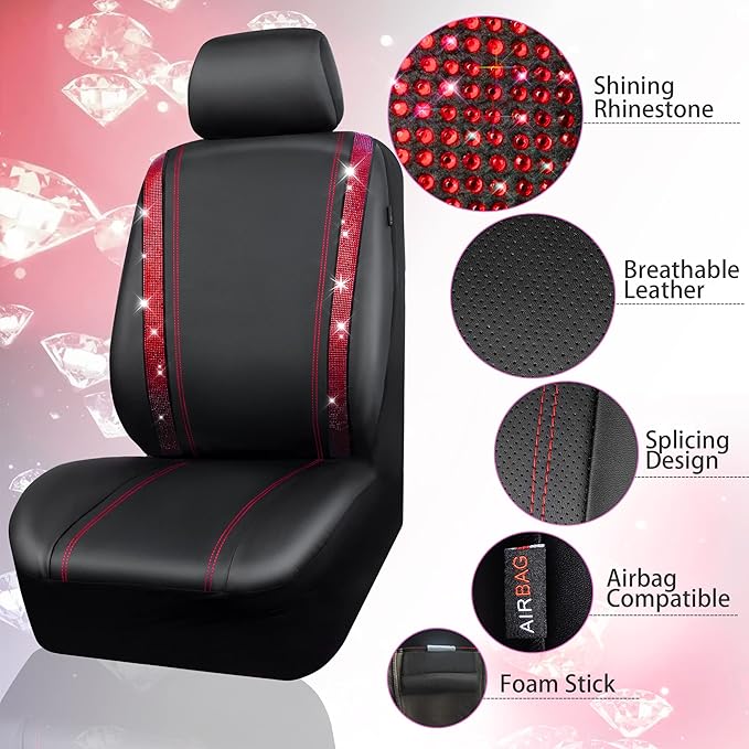 CAR Pass Bling Car Seat Covers Full Set, Shining Rhinestone Diamond Waterproof Faux Leather, Rear with Zipper, Universal Fit Automotive Glitter Crystal Sparkle Strips for Women Girl, Black Red