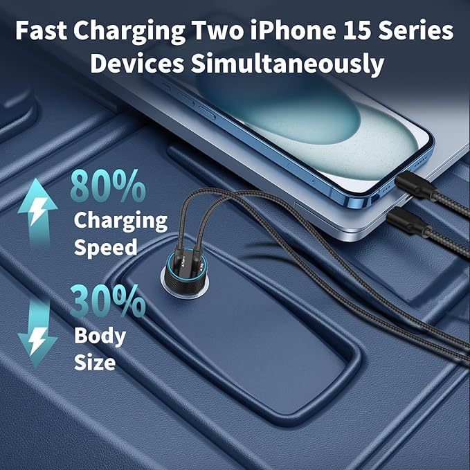 [Apple MFi Certified] iPhone 17 Car Charger, Linocell 90W USB C Car Charger Dual PD Power Cigarette Lighter Adapter with 2Pack Type C Braided Cable for iPhone 17/17 Pro Max/16/15/Galaxy S26/S25/Pixel