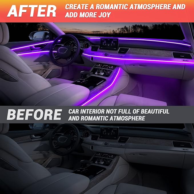Interior Car LED Strip Lights 315 inches Fiber Optic tubing USB Powered RGB 6 in 1 Car Neon with Wireless APP and Remote Control, Ambient Lighting Kits 16 Million Colors,Sync to Music