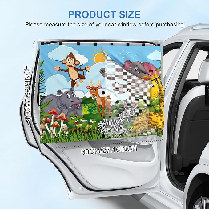 Car Window Shades with 8 Magnets-26.8"x19.7" Car Rear/Side Window Sunshade for Baby Semi-Transparent 2-in-1 Universal Auto Sun Shade for Kid & Pet Protection (2 Pack) Grassland Animal
