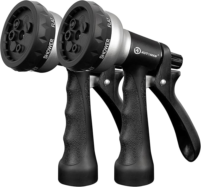 AUTOMAN-Garden-Hose-Nozzle, 2 Pack ABS Water Spray Nozzle, 7 Adjustable Watering Patterns, Slip Resistant for Watering Plants, Lawn& Garden, Washing Car, Showering Pets & Outdoor Fun.Silver Color