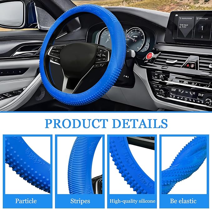 Wuyaoyao Car Steering Wheel Cover, Anti-Slip Silicone Steering Wheel Cover Protector, Non-Slip Massage Grip Auto Wheel Cover Fits 14-15 Inch, Universal Interior Car Accessories (Dark Blue)