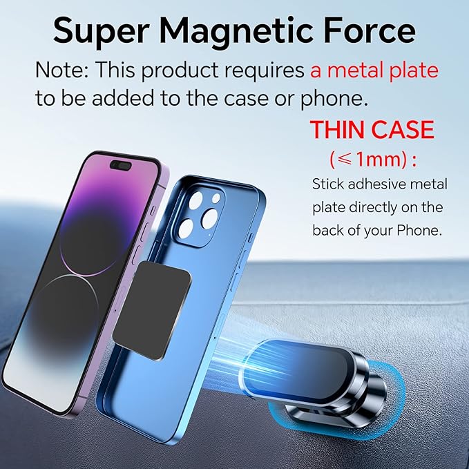 【2-PACK】Magnetic phone holder for car, [ Super Strong Magnet ] [ with 4 Metal Plate ] iPhone Magnetic car mount for cell phone, [ 360° Rotation ] Universal Dashboard adhesive Car Magnetic Phone Mount