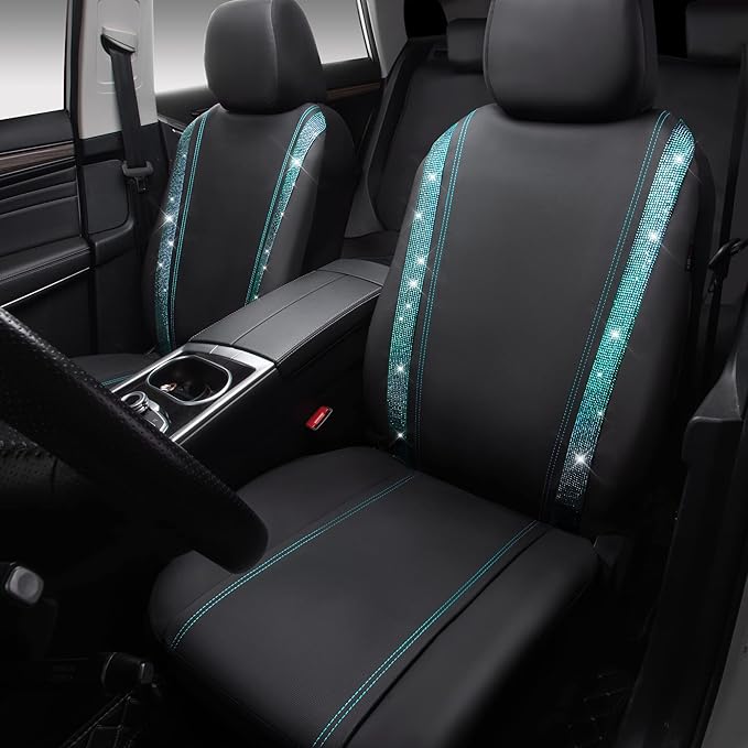 CAR PASS Leather Bling Diamond Car Seat Covers 2 Front Interior Sets, Waterproof Universal Shining Glitter Crystal Sparkle Fit for 95% Automotive Truck SUV Cute Women Girl, Black Mint Rhinestone