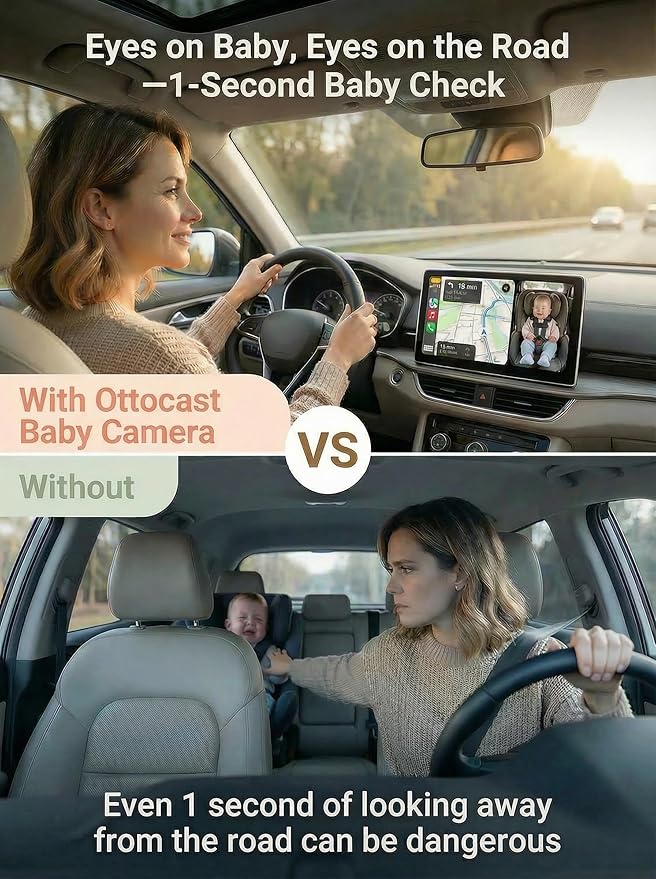 OTTOCAST Cabin Care Baby Car Camera 2026,Uses Your Car's Built-In Screen,No Extra Screen Needed,Split Screen for CarPlay and Baby View,No-Glow Night Vision,Plug&Play,150°Wide Angle(No Android Support)